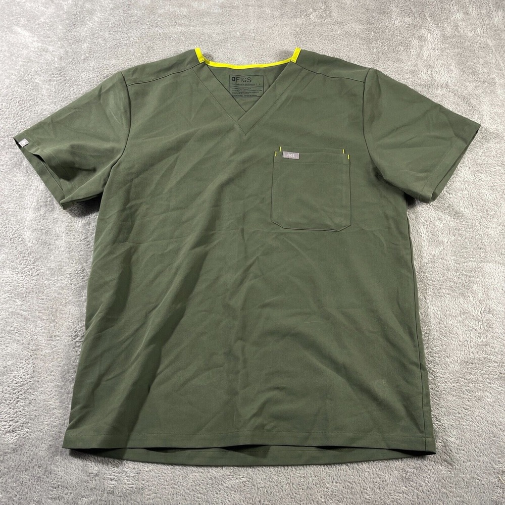 Figs Womens Scrub Top Green Pocket Short Sleeve V Neck L Healthcare Work Utility